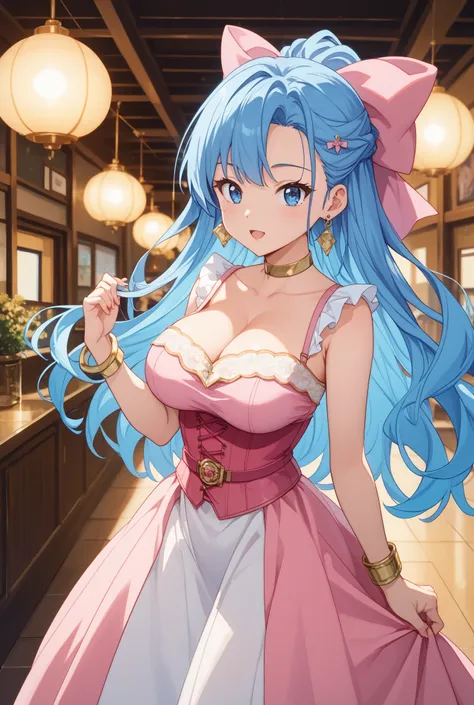 傑作、最高品質、d5flo, blue hair, long hair, half updo, blue eyes, hair bow, pink bow, large breasts、恥ずかしい表情、gold choker, earrings, sleeveless dress, long dress, two-tone dress, belt, pink corset, gold bracelets、寝室,下から、黒いパンティ、(ガーターストッキング)、ハイヒール、開脚、
