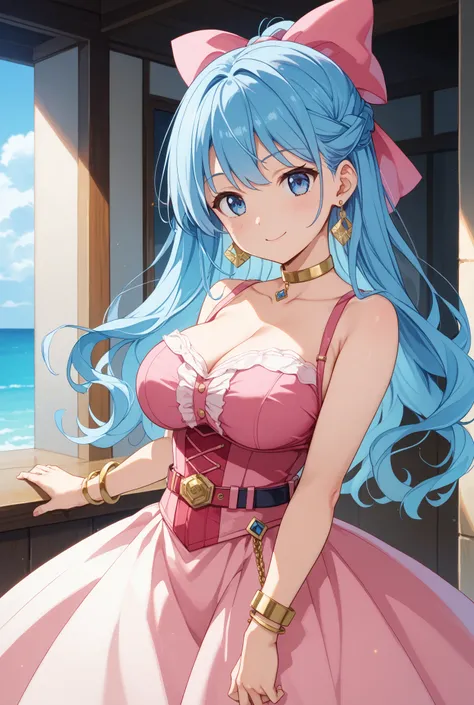 傑作、最高品質、d5flo, blue hair, long hair, half updo, blue eyes, hair bow, pink bow, large breasts、恥ずかしい表情、gold choker, earrings, sleeveless dress, long dress, two-tone dress, belt, pink corset, gold bracelets、寝室,下から、黒いパンティ、(ガーターストッキング)、ハイヒール、開脚、