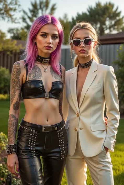 Girl neon hair and completely covered with intricate tattoos wears a glossy black leather bikini decorated with steel spikes, black leather collar with buckle. Tattooed hands. Purple eyes, smoky black eyeshadow. Standing in a suburban garden on a sunny day...