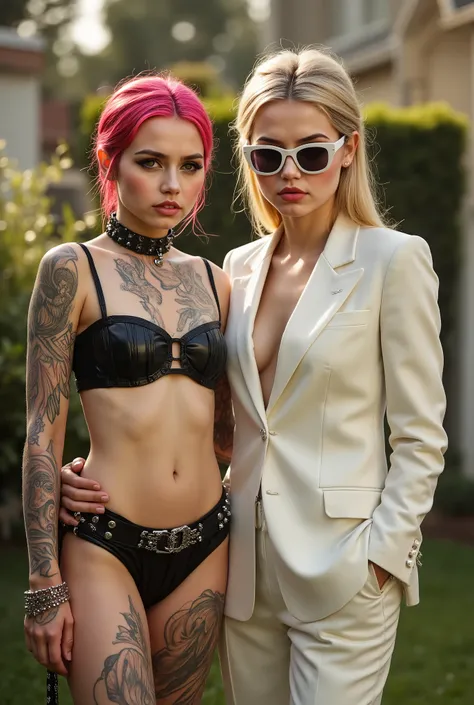 Girl neon hair and completely covered with intricate tattoos wears a glossy black leather bikini decorated with steel spikes, black leather collar with buckle. Tattooed hands. Purple eyes, smoky black eyeshadow. Standing in a suburban garden on a sunny day...