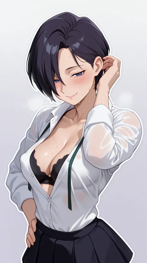 {Highest quality}, {so beautiful}, (TV anime style,ultra details), {Best illustrations},(flat body,very thin,Slim body),solo,1girl,lucrezianoin, 1girl, black hair, short hair, solo, blue eyes, hair over one eye,(school uniform,JK outfit,black bra,white shi...