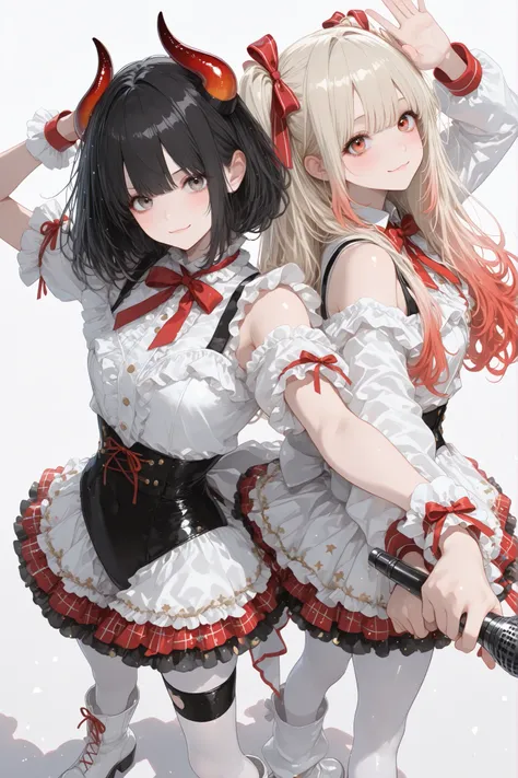 Highest Quality, masterpiece, super high resolution, ((white background)):2.0, ((spotlight effect)):2.0, ((Particles of Light)):1.5, ((glitter effect)):1.5, ((Duo Standing Picture)):2.0, ((Idol Poses)):2.0, ((stage costume)):2.0, ((1st person)):2.0, ((blac...