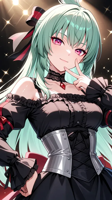 solo, kanzaki_saya,  long hair, green hair, mature woman, Tight waist、Small waist、shiny Skin ,  (upper body), light smile,   She is wearing a dark gothic lolita idol costume: a black velvet corset dress with crimson and silver accents, off-shoulder ruffled...