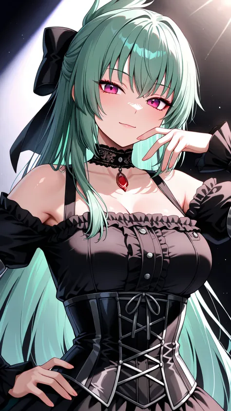 solo, kanzaki_saya,  long hair, green hair, mature woman, Tight waist、Small waist、shiny Skin ,  (upper body), light smile,   wearing a dark gothic lolita idol costume. The outfit features a black velvet corset with silver lacing, off-the-shoulder puffed sl...