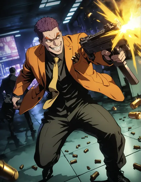 SMG-0, masterpiece, best quality, intricate details, detailed background, high res, highest quality, 8k, 1boy, mature adult male, solo, solo focus, hitman, assassin, purple hair, short hair, combed back hair, large brown eyes, large grin, white teeth, evil...