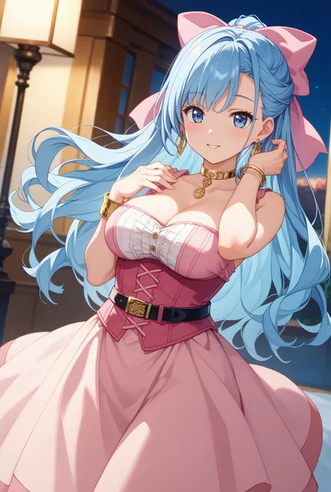 傑作、最高品質、d5flo, blue hair, long hair, half updo, blue eyes, hair bow, pink bow, large breasts、恥ずかしい表情、gold choker, earrings, sleeveless dress, long dress, two-tone dress, belt, pink corset, gold bracelets、寝室,下から、((黒いパンティ))、((ガーターストッキング))、ハイヒール、開脚、