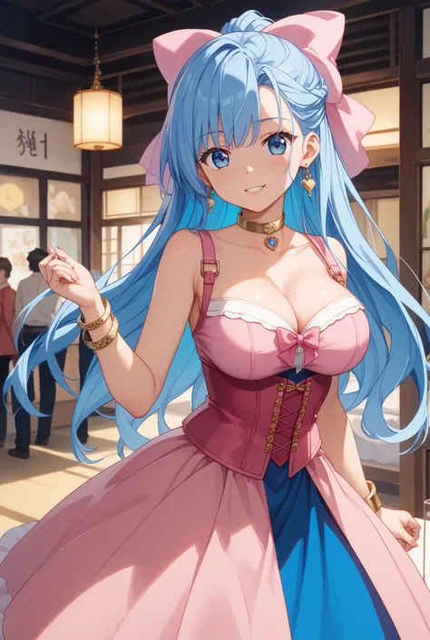 傑作、最高品質、d5flo, blue hair, long hair, half updo, blue eyes, hair bow, pink bow, large breasts、恥ずかしい表情、gold choker, earrings, sleeveless dress, long dress, two-tone dress, belt, pink corset, gold bracelets、寝室,下から、((黒いパンティ))、((ガーターストッキング))、ハイヒール、開脚、