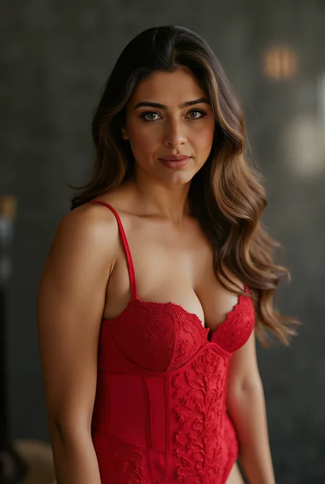 Young woman, dark brown hair, green eyesm mid-30s, with realistic body proportions and visible wrinkles on her light-medium skin tone, showcasing European ethnicity. She is captured in a full-body length, wearing a red lace lingerie set consisting of a cor...