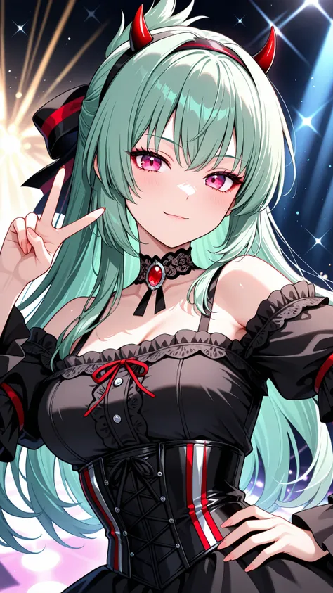solo, kanzaki_saya,  long hair, green hair, mature woman, Tight waist、Small waist、shiny Skin ,  (upper body), light smile,   She is wearing a dark gothic lolita idol costume: a black velvet corset dress with crimson and silver accents, off-shoulder ruffled...