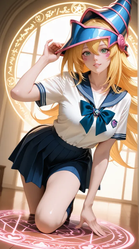 Dark Magician girls. realistic, Medium Shot Like a Painting of a Seductive White Woman, 2, 5'9" tall, perfect, Graceful physique . Her Long, Wavy Hair Is Vivid Turquoise Blue,.  She's Attractive //, Beautiful Woman in School Uniform,  Her pose is fluid and...