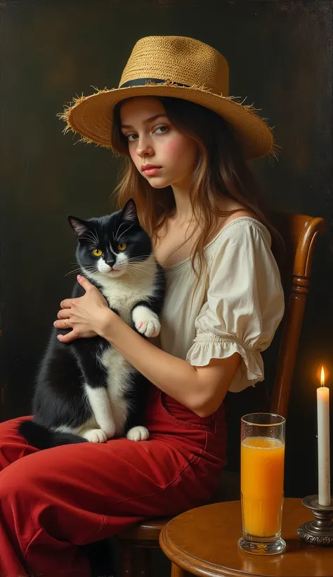 created a painting with oil painting with huge details , In the style of the artist Leonardo Davinci , The art of the era of European Renaissance ,  A fully detailed painting of a teenage girl ( 18 years) She is sitting on the chair and holding her black a...