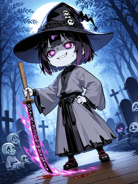 (dutch corner))(masterpiece, best quality), dynamic angle, chibi, the witch in the yukata, sewn mouth, smile, nasty, black leather, shoulder joint, loose ведьма robe, stitched robe, gray robe, purple runes, worn robe, ведьма hat, trinkets on the hat, web ...