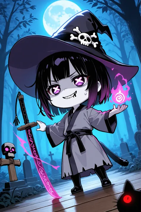 (dutch corner))(masterpiece, best quality), dynamic angle, chibi, witch, sewn mouth, smile, nasty, black leather, shoulder joint, loose witch robe, stitched robe, gray robe, purple runes, worn robe, witch hat, trinkets on the hat, web on hat, button eyes,...