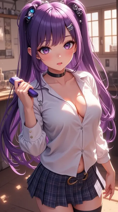  (masterpiece,     computer, mejor quality,    Clear focus, shadow, of the rays of God, ultra high resolution, 8K, pupils perfect anatomy, perfect face, (detailed face), (detailed eye), score_9, score_8_above, score_7_above, score_6_above, score_5_above, score_4_above, source_ lively, Label 1, Label2, quality_masterpiece,  Anatomically Correct , beautiful face, perfect face, Beautiful and highly detailed face and eyes,    Attractive Face   , detailed face, Delicate facial features, bare shoulders, enormes pechos, bra size D or DD, cuckold, gigantic butt, thick thighs. Looking at the viewer. fantastic environment. anime-style illustration with an elegant, slim build and pronounced bust, with long, smooth purple hair, tied with a decorative brooch and a shiny pin, appears on the floor in a dynamic pose. She wears a short skirt with a checkered print, dark tights and a light blouse with long sleeves. his hand is holding a purple cell phone with a small keychain.  The scene is set indoors , con luz cálida que proyecta shadows suaves en el suelo. The drawing highlights the bright colors, the defined lines and the characteristic sparkles of modern anime art.