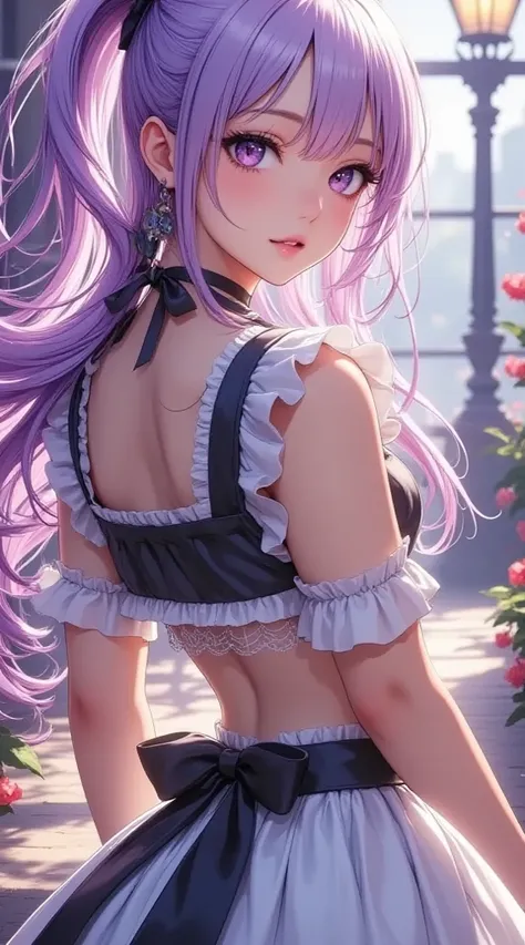  (masterpiece,     computer, mejor quality,    Clear focus, shadow, of the rays of God, ultra high resolution, 8K, pupils perfect anatomy, perfect face, (detailed face), (detailed eye), score_9, score_8_above, score_7_above, score_6_above, score_5_above, score_4_above, source_ lively, Label 1, Label2, quality_masterpiece,  Anatomically Correct , beautiful face, perfect face, Beautiful and highly detailed face and eyes,    Attractive Face   , detailed face, Delicate facial features, bare shoulders, enormes pechos, bra size D or DD, cuckold, gigantic butt, thick thighs. Looking at the viewer. fantastic environment. anime-style illustration with an elegant, slim build and pronounced bust, with long light purple hair and violet eyes, tied with a black ribbon. She wears a costume inspired by a maid's uniform with black and white details, with decorative ruffles on the upper part and ribbon accessories. The pose shows her figure with her back, destacando los contrastes de luces y shadows sobre la piel y la ropa.