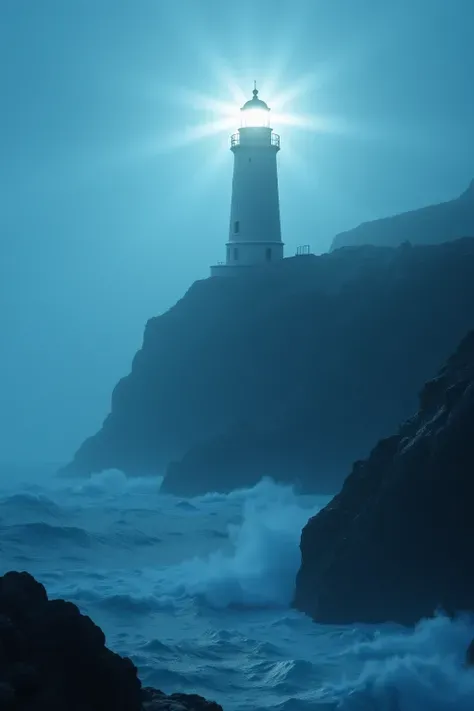 Its beam passes through the rain and fog {x} Lighthouse stands on a rocky cliff during the storm, Detailed ocean textures and moody lighting. Wave impact, Dramatic realism style. Below, Detailed marine textures and somber lighting. 8k, film power.