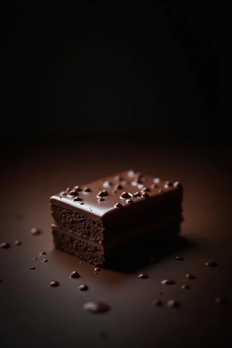 cinematic still-frame chocolate,chocolate cake,deep dark background,High Quality Photos,Moist Textures,Icing,studio photo,slice,shallowdepthoffield,Vignette,Very meticulous,High budget,Bokeh,Movie Widescreen,gloomily,Epic,opulent,cinematic grain,grain sens...
