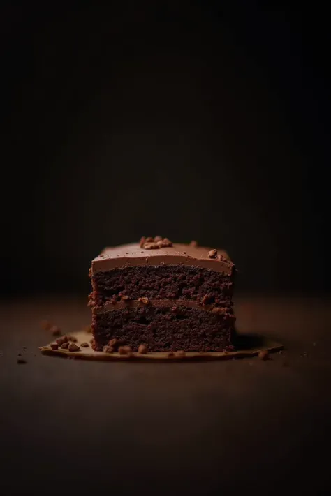 cinematic still-frame chocolate，chocolate cake，deep dark background，High Quality Photos，Moist Textures，Icing，studio photo，slice，shallowdepthoffield，Vignette，Very meticulous，High budget，Bokeh，Movie Widescreen，gloomily，Epic，opulent，cinematic grain，grain sens...