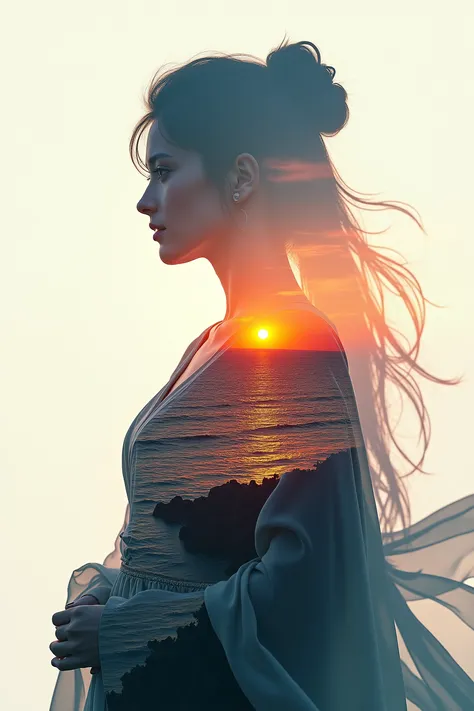 High quality，8K Ultra HD，美丽的Doubleexposure，combines the silhouette of the goddess with the sunset coast，The sunset coast should be used as the bottom background，details are incorporated into the goddess's silhouette，Clear lines，The background is monochroma...