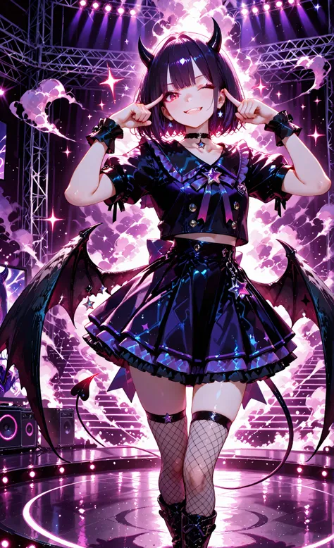 masterpiece:1.3, 8k:1.3, Highest Quality:1.3, detail:1.3, high resolution:1.3, Digital Painting, ultra detailed, upper body, 3/4 viewer, สBeautiful demon girl, small black horns, long dark purple hair, glowing red eyes, black and purple idol outfit, multi-layered ruffled skirt, Large black wings, star pendant choker necklace, fishnet stockings, black boots, Wink Pose, standing on a concert stage, purple spotlight, floating smoke, magic star sparkles all around.
