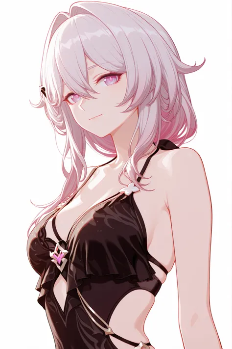thelema (Honkai Impact 3rd), wearing a beautiful stylish swimsuit, elegant and graceful, standing pose, white background, highly detailed, anime style, vibrant colors, clean lines, perfect lighting, Upper body, aesthetic illustration, focus on beauty and e...