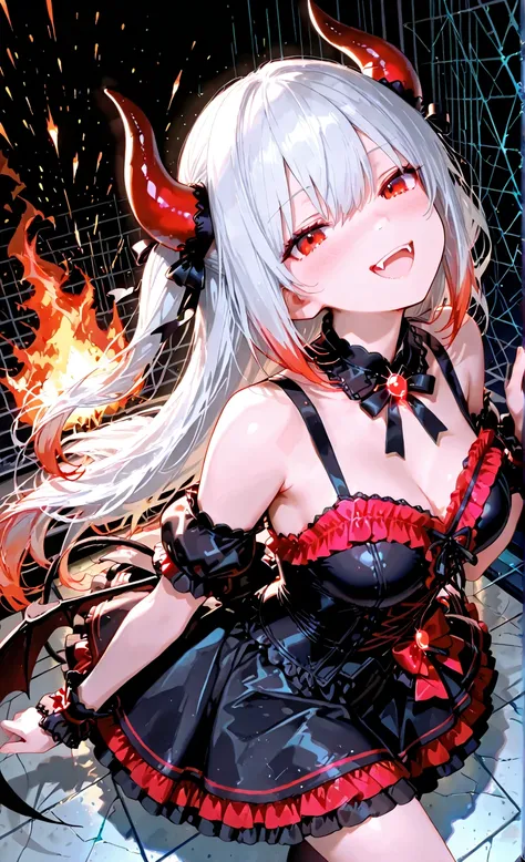masterpiece, ultra-detailed, 8k wallpaper, 1 girl, cute idol girl with devil horns and tiny fangs, crimson frilly idol dress, dancing under raining sparks of fire, stage floor cracked with glowing magma underneath,
