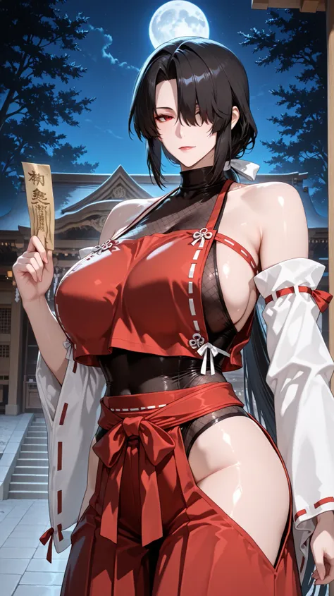 handfixer,Japanese background,SOLO,A mature Female,sendai hakurei no miko,red hakama, solo, leotard under clothes, black Fishnet leotard, japanese clothes, nontraditional miko, black hair, hakama pants, Red eyes, large breasts, detached sleeves, hip vent,(...