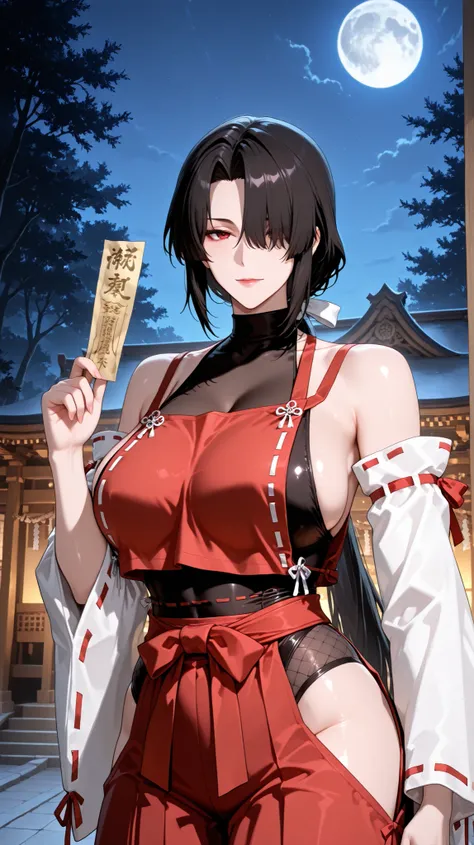 handfixer,Japanese background,SOLO,A mature Female,sendai hakurei no miko,red hakama, solo, leotard under clothes, black Fishnet leotard, japanese clothes, nontraditional miko, black hair, hakama pants, Red eyes, large breasts, detached sleeves, hip vent,(...