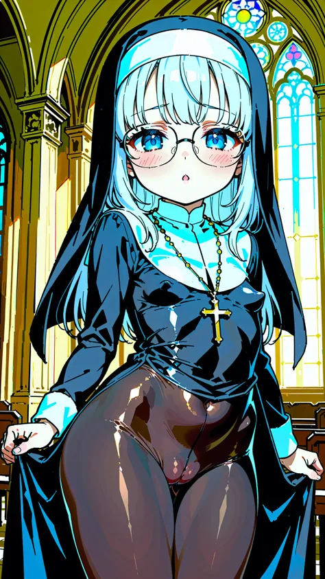 (high definition one woman),, firm skin, young woman , long beautiful hair , ( Catholic Nun Outfit ), (Black and white outfit), detailed background , church, sacred atmosphere , wearing a rosary around my neck,Inside the chapel、calf、tight bo...
