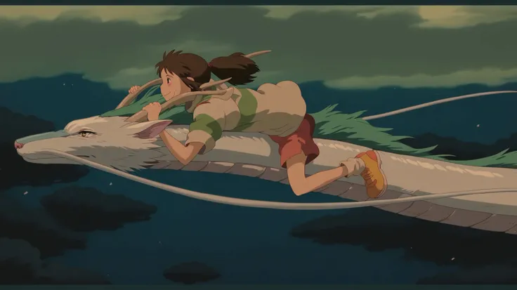 1girl and 1dragon, side view, riding on the back of a dragon, flying through the sky, wind blowing, Holding the horns, Xhakuxdragonx and Xchihirox from Spirited Away Studio, smile, dramatic clouds and scenic view below; anime style, emotional atmosphere, g...