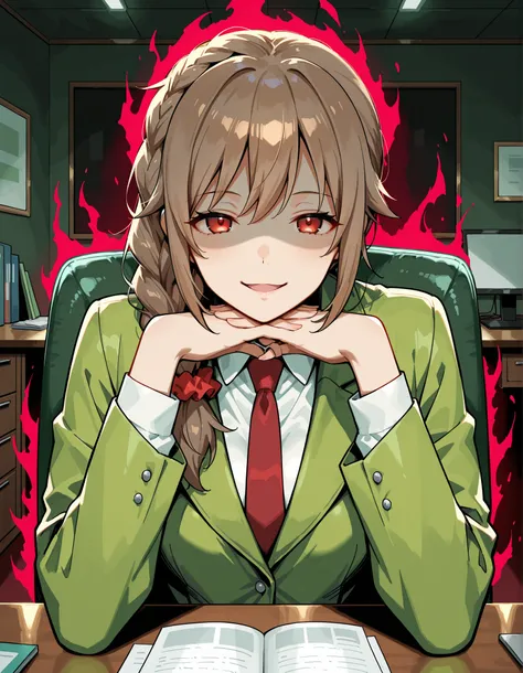 Score_9, score_8_up, score_7_up, source_anime, senkawa chihiro, solo, single braid, hair over shoulder, hair scrunchie, red scrunchie, brown hair, red eyes, (best quality), (high quality), {masterpiece}, extremely delicate and beautiful, ultra-detailed, be...