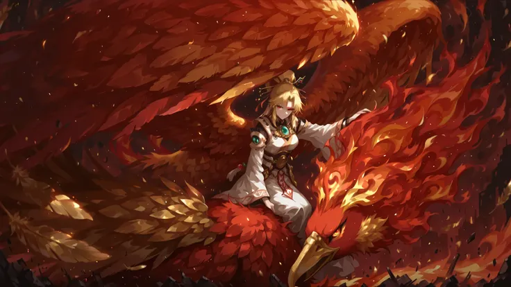 masterpiece, highest quality, Ultra High Quality, 40k, high contrast,
Beautiful and delicate radiant phoenix, Extremely Oversized, golden feathers, gigantic phoenix,
focus phoenix face, extremely close up phoenix, Phoenix is taking a break,
BREAK,
gir...