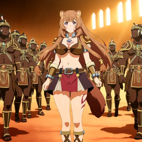 raphtalia , 20 years. red eyes . light orange hair, with rounded animal ears and tanuki tail, curvaceous figure with large breasts. Wear a metallic gladiator-style bikini, with polished steel cups held by braided leather straps. on shoulders, lightweight l...