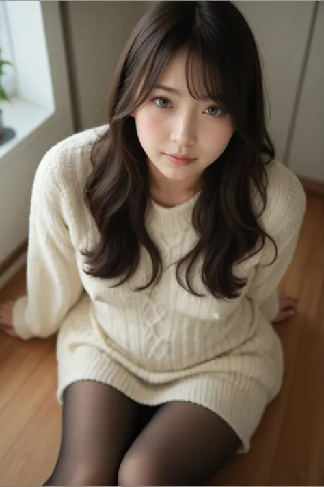Sitting down and a little bit of her panties showing through her knit sweater,
Japanese,woman,28 years old, Beautiful Realistic Asians, brown Red Hair wearing cable knit sweater dress,black pantyhose, (covered nipples:1.0), small breasts ,small areola,smil...