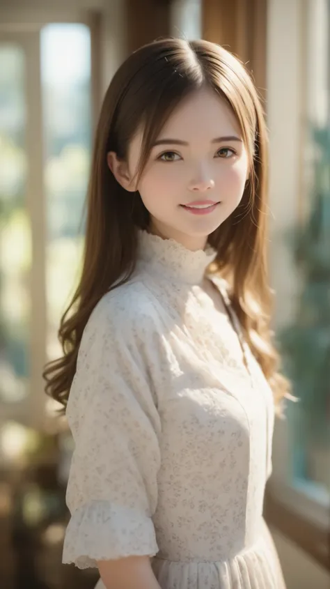 Cute little girl Lori elementary school student innocent , portrait of upper body, brown hair, light brown eyes, cute dress, Blurry Background
