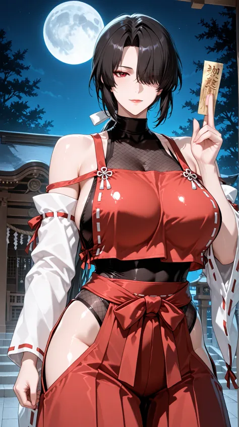 handfixer,Japanese background,SOLO,A mature Female,sendai hakurei no miko,red hakama, solo, leotard under clothes, black Fishnet leotard, japanese clothes, nontraditional miko, black hair, hakama pants, Red eyes, large breasts, detached sleeves, hip vent,(...