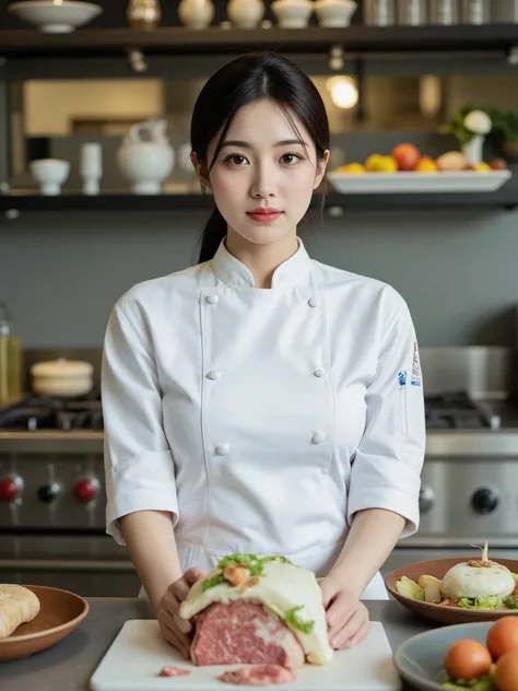 Beautiful Chef Woman, Kitchen with Food and Equipment,  package, beef,