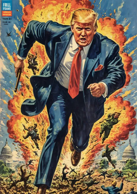 Vintage comic book cover illustration of handsome mr Donald Trump exiting manically over the United States Capitol exploding, frisk, cool be cool, vintage dirt,