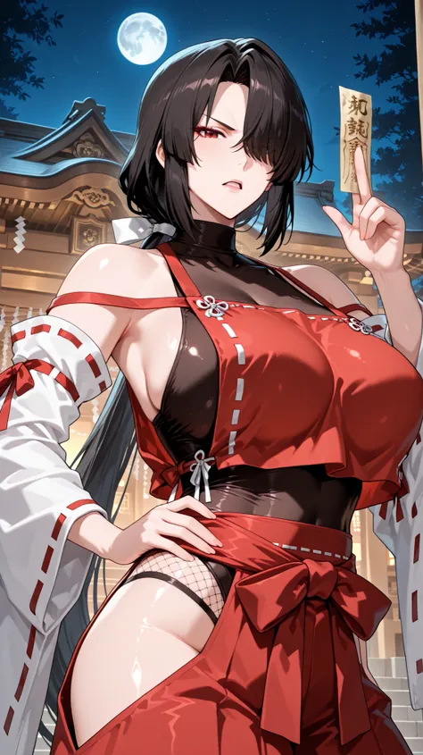 handfixer,Japanese background,SOLO,A mature Female,sendai hakurei no miko,red hakama, solo, leotard under clothes, black Fishnet leotard, japanese clothes, nontraditional miko, black hair, hakama pants, Red eyes, large breasts, detached sleeves, hip vent,(...