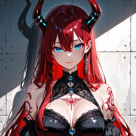 A demonic-looking woman with long dark horns, Dark Red Hair. Her fair skin is covered with detailed Gothic and tribal tattoos., highlighting a tattoo on the chest, The lips in a shade of red,  his bright blue eyes , giving it a sinister look.