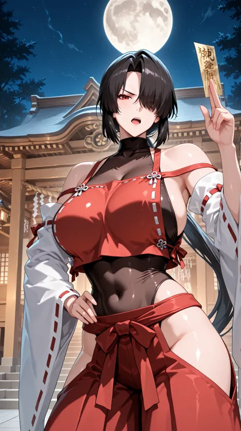 handfixer,Japanese background,SOLO,A mature Female,sendai hakurei no miko,red hakama, solo, leotard under clothes, black Fishnet leotard, japanese clothes, nontraditional miko, black hair, hakama pants, Red eyes, large breasts, detached sleeves, hip vent,(...