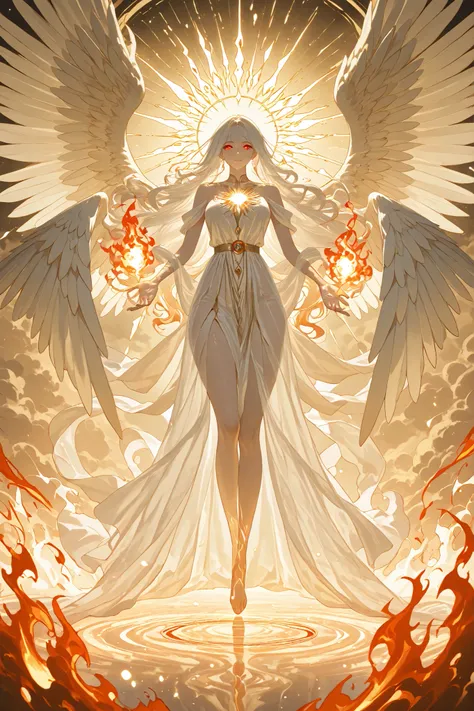 High-quality, masterpiece, detailed photography Divine angel with six majestic wings made of orange and red flames, ethereal and curvaceous body emanating celestial light, flowing and semi-transparent dress of sacred fire, long and luminous hair like a gol...
