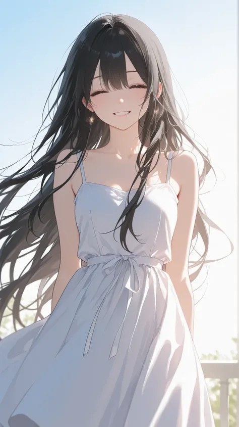 1 girl、The girl has black hair, very long hair、She closes her eyes and smiles gently、 the sunlight gently shines in 、Clothes are white dresses、Hair flutters gently in the wind
