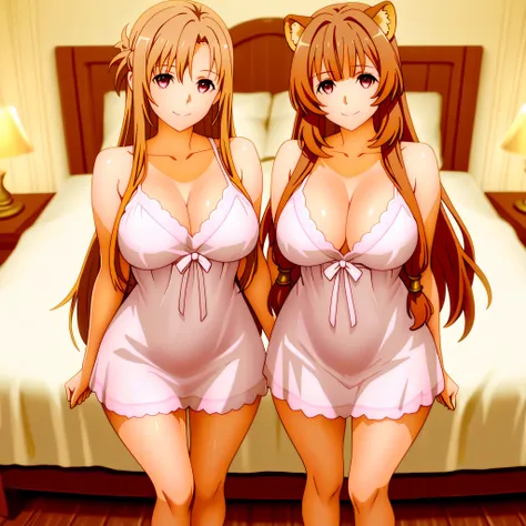 two women . 1st Asuna from sao eyes human ears . 2nd Raphtalia with light brown hair and   ,  curvy figure generous breasts, are side by side they are wearing sexy white nightgowns . both women are standing side by side . smiles complicit laughs. Backgroun...
