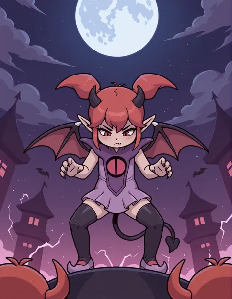 beebz, (DQB_DT), Beebz (Demon Turf),, safe, Idol, dancing on stage, twin tails on legs, devil's Wings, red Hair, red and black bat wings ,devil's wings, devil Horns, devil, devil's tail, tiny boobs, My chest is smooth , rich breasts, Goth Rock, full moon, ...