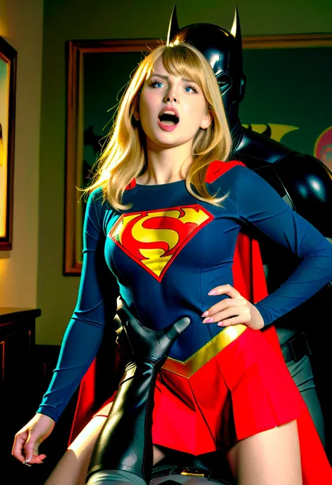 Melissa Benoist as Supergirl, she is defeated from fighting with a Batman, screaming in pain, she is falling down and sexual assaulted by Batman, Batman rapes her hardly, he grab her head tightly, hyperrealism, realistic picture,