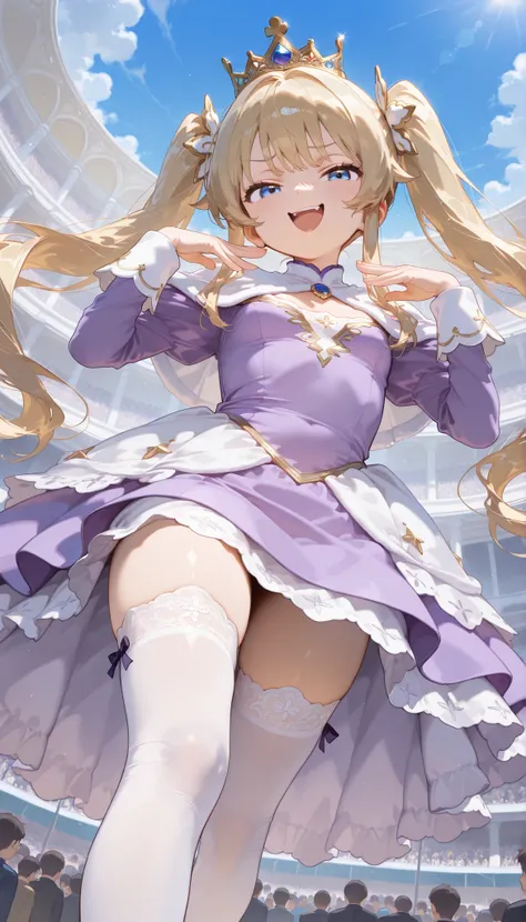 masterpiece, Highest Quality, great quality, very beautiful, high resolution, super detailed, absurd, 1girl, smaller_chest, 金My hair_My hair, violet_eye, long_My hair, capelet, purple_dress, princess, skin_tooth, long_SLEEVES, twin tails, white_thigh high ...