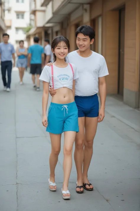 Japanese boy walking down the street with a cute girl's grandson. Grandchildren are hugging each other.girls are completely naked.she wears pink slingshot swimsuits.belly button out.Belly exposed.Japanese boy walking on the beach with barefoot white platfo...