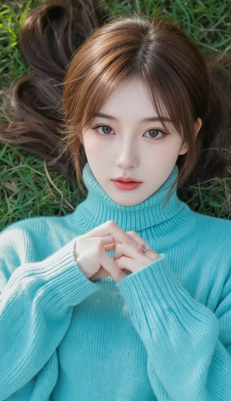 Girl wearing, luxury turquoise turtle neck sweater with sleeves, Layered bob with waves , Heart-shaped lips, glowing skin, e, red lips, suitable background,  with good lighting and bokeh,   cute poses , brown hair, cute poses.nose.  lying straight on grass...