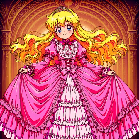((Lola.Girl's Book Story sdxl,retro anime,Hi Vision,)),Cute Princess, she's smiling,((pink silk satin victorian style big ball gown dress.:1.0)),baby-like face,short tall ,long sleeve,The dress is decorated with lots of ruffles and ribbons., have waist-len...